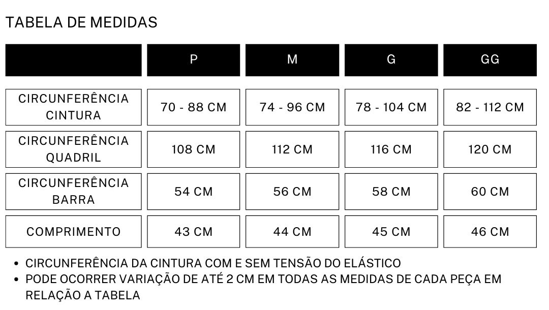 tabela medidas - short jeri